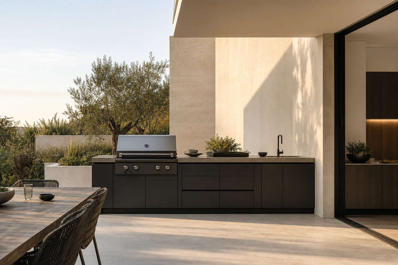 Cocina exterior FENOCOM integrada en una arquitectura contemporánea abierta al jardín