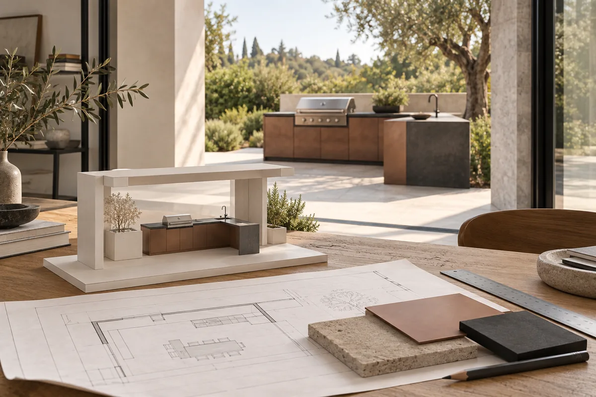 Mesa de trabajo con plano, maqueta de una cocina exterior y muestras de material, con una cocina de frentes cobrizos al fondo