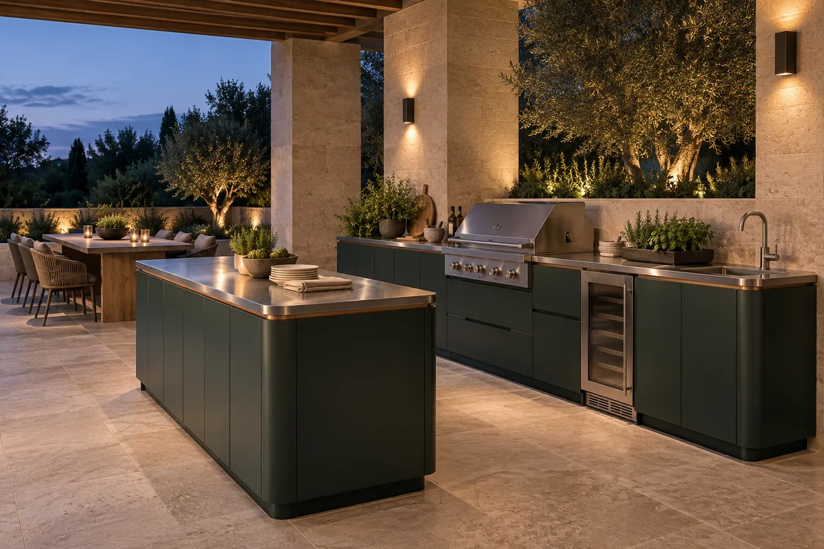 Terraza cubierta al anochecer con doble frente de cocina exterior en verde oscuro y encimeras metálicas, iluminada por apliques