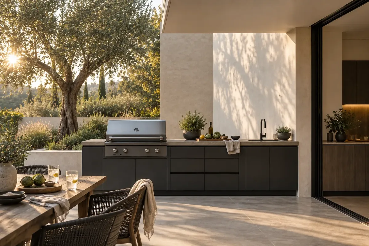 Cocina exterior lineal de frentes oscuros y encimera clara, junto a una mesa de madera y un olivo, abierta a una terraza